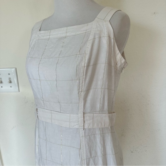 Liz Claiborne Summer White Plaid Metallic Gold Linen Blend Belted Dress Size 4 - Picture 11 of 13